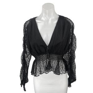 Dance & Marvel Black Long Sleeve Ruched Mesh Sheer Polka Dot Peplum Blouse Top S